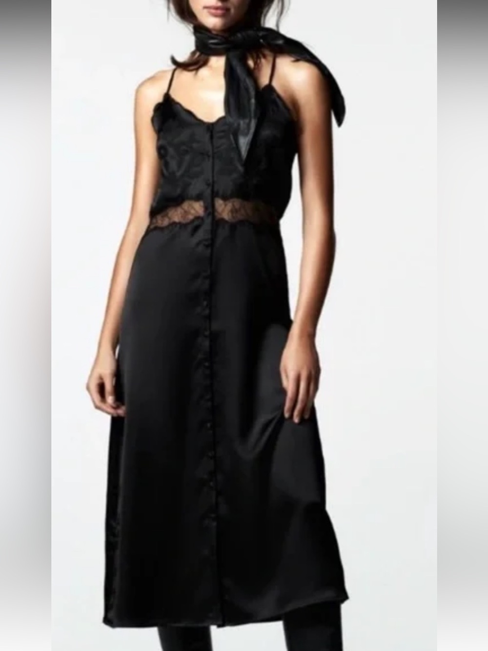 Zara Black Slip Dress with Lace and embroidered trim. xs